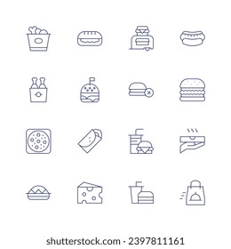 Fast food icon set. Thin line icon. Editable stroke. Containing fried chicken, chicken bucket, pizza, nachos, sandwich, burger, burrito, cheese, food truck, no fast food, fast food, hot dog.