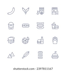 Fast food icon set. Thin line icon. Editable stroke. Containing sausage, popcorn, sandwich, nachos, pizza, corn dog, food cart, sausages, fast food, burger, french fries.