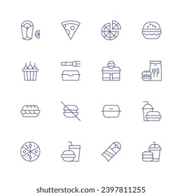 Fast food icon set. Thin line icon. Editable stroke. Containing burrito, chicken bucket, calamari sandwich, pizza, pizza slice, package, no fast food, fast food, store, food box, kebab.