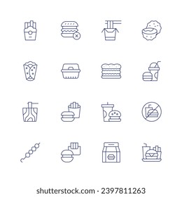 Fast food icon set. Thin line icon. Editable stroke. Containing french fries, noodle, shawarma, noodles, satay, no junk food, box, fast food, sandwich, package, truffle, no food.