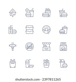 Fast food icon set. Thin line icon. Editable stroke. Containing sandwich, sausage, french fries, hot dog, no junk food, package, no fast food, fast food, donut, stand.