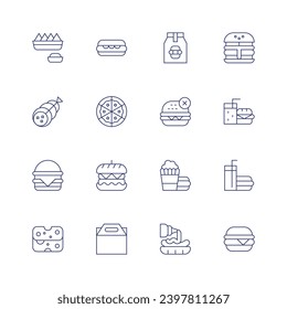 Fast food icon set. Thin line icon. Editable stroke. Containing nachos, sausage, hamburguer, cheese, hot dog, pizza, burger, take out, food package, no fast food, fast food, hamburger.