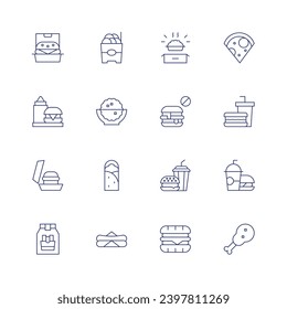 Fast food icon set. Thin line icon. Editable stroke. Containing hamburger, burger, french fries, fritter, pop corn, shawarma, hot dog, food box, no fast food, fast food, pizza, chicken.