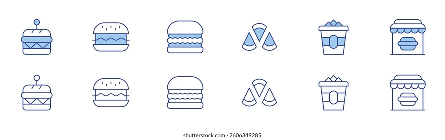 Fast food icon set in two styles, Duotone and Thin Line style. Editable stroke. hamburger, manchego, nuggets, fast food, burger.