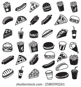 Fast food icon set vector illustration. Containing burger, pizza, hot dog, french fries, sandwich, soda, sausage, burrito, taco and nachos.