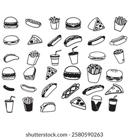 Fast food icon set vector illustration. Containing burger, pizza, hot dog, french fries, sandwich, soda, sausage, burrito, taco and nachos.