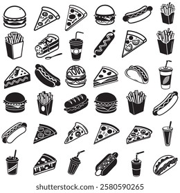 Fast food icon set vector illustration. Containing burger, pizza, hot dog, french fries, sandwich, soda, sausage, burrito, taco and nachos.