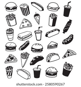 Fast food icon set vector illustration. Containing burger, pizza, hot dog, french fries, sandwich, soda, sausage, burrito, taco and nachos.