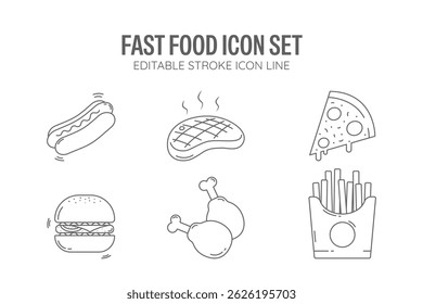 Fast Food Icon Set with White Background Flat Design Vector Illustration. Editable Stroke