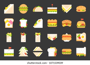 Fast food icon, shawarma sandwich, hot dog, grilled cheese sandwich, flat icon