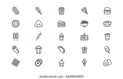 Fast food icon showing burger, fries, and drink in modern outline style for food and restaurant themes