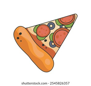 Ícone de fast food. Fatia de pizza com fatias de salsicha. Comer comida de folga e fast food. Menu Café ou catering. Adesivo para redes sociais. Ilustração de vetor linear isolada no plano de fundo branco