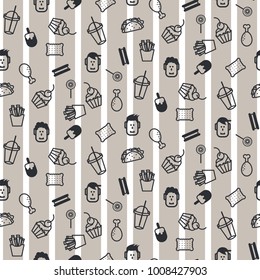 Fast food icon style seamless vector pattern. Monochrome fun doodles background for site and wrap paper.