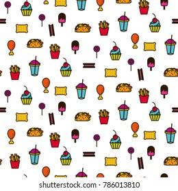 Fast food icon style seamless vector pattern. Colorful fun doodles background for site and wrap paper.
