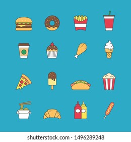 Fast food icon symbol set, Colorful flat design, Vector illustration