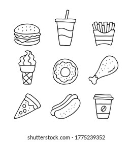 Fast food icon symbol set, Doodle simple draw style, Free hand outline design on white background, Vector illustration