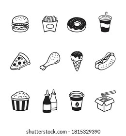 Fast food icon symbol set, Doodle simple draw style, Free hand design on white background, Vector illustration