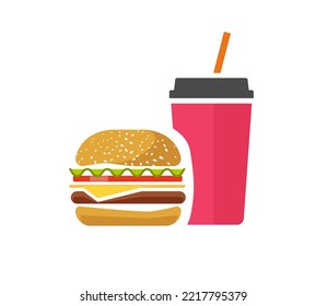 Fast food icon vector with burger and beverage drink or junk unhealthy unhealthy meal eat foodstuff flat cartoon clipart illustration, idea of hamburger breakfast graphic, take away soda image