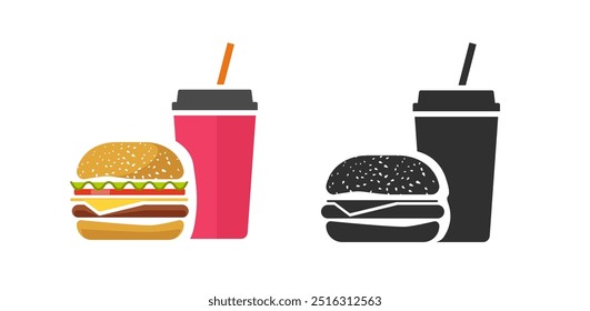 Fast food ícone vetor com hambúrguer e refrigerante bebida simples pictograma gráfico e desenho animado plano estilo moderno, preto branco símbolo glifo sólido sinal de silhueta mínima imagem clip art