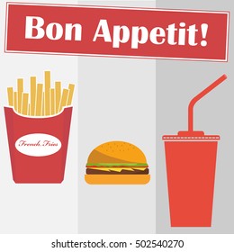 Fast food icon, vector fast food, hamburger, cola, french fries. Flat design, vector.