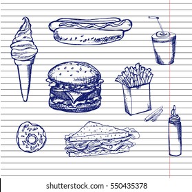 Fast food icon.menu. Fast food on copybook background. Hand drawn. Fast food elements. Hot dog, hamburger, donuts, ice cream. Doodle food. 