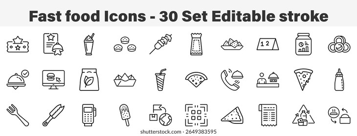 Fast Food Icons 30 Set. Line Art Icon Collection. Editable Stroke Vector Illustration