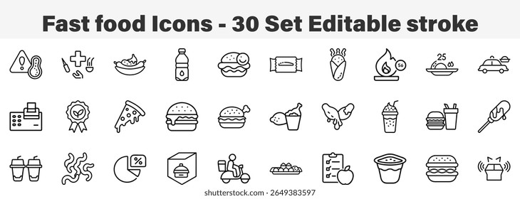Fast Food Icons 30 Set. Line Art Icon Collection. Editable Stroke Vector Illustration
