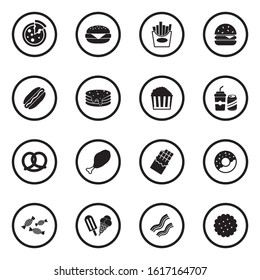 Fast Food Icons. Black Flat Design In Circle. Vector Illustration.