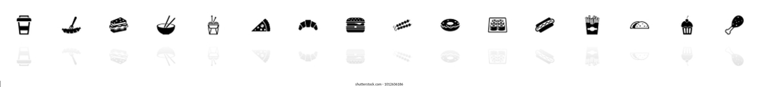 Fast Food icons - Black horizontal Illustration symbol on White Background with a mirror Shadow reflection. Flat Vector Icon.