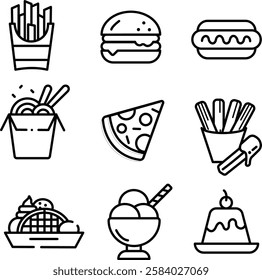 fast food icons with black outline, junk food, unhealthy food, thin lines style