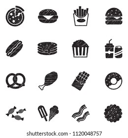 Fast Food Icons. Black Scribble Design. Vector Illustration.
