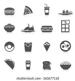 Fast food icons black set with sushi potato chips pizza and sandwitch isolated vector illustration