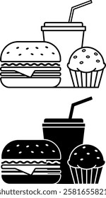 Fast Food Icons. Black and White Vector Icons. Junk Food. Hamburger, Cupcake, and Soda with Straw. Restaurant Concept
