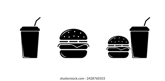 Fast food icons. Burger and drink icons. Silhouette style. Vector icons