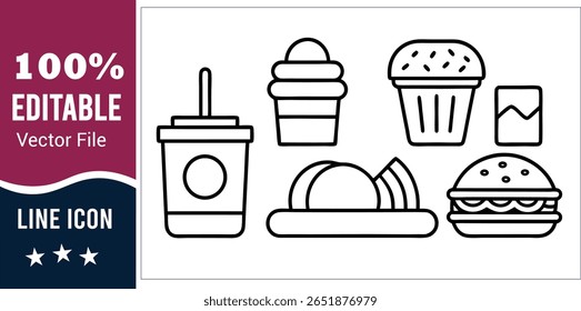 Fast food ícones hambúrguer beber batatas do cupcake e sorvete vetor