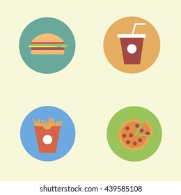 Fast food icons, burger, French fries, pizza, drink illustration - stock vector