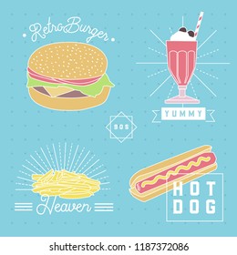 Fast food icons - burger, fries, hot dog and milk shake. 