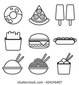Fast food icons: burger and fries, pizza, hot dog, ice cream, chinese food and donut. Flat vector illustration.