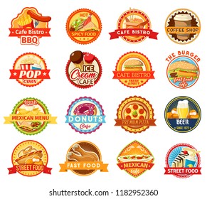 Fast food icons. Burger, pizza and fries, donut, hot dog and soda, ice cream, chicken nuggets and mexican taco, nacho and popcorn elements. Coffee shop and bistro design