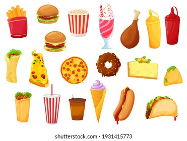 Fast food icons of burger, pizza, vector meals, drinks and snacks. Fast food cafe flat icons of potato fries, soda and sweets, chicken grill and hamburger, fastfood restaurant sandwich and hot dog