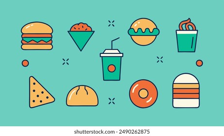 Fast food icons of burger, pizza, vector meals, drinks and snacks. Fast food cafe flat icons of potato fries, soda and sweets, chicken grill and hamburger, fastfood restaurant sandwich and hot dog