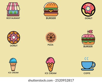 Fast Food Icons: Burgers, Donuts, Pizza  Ice Cream Vector Set