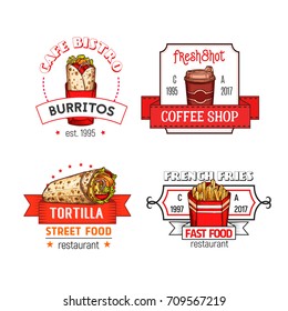 Iconos de comida rápida de merienda burrito, envoltura de tortilla o patatas fritas merienda y refresco o bebida de café para restaurante de comida rápida, bistro de café y menú de bar de cine. Conjunto de iconos aislados de vectores