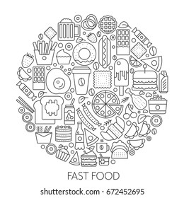 Fast food icons in circle - concept line vector illustration infographic for cover, emblem, badge. Outline icon set.