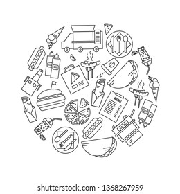 Fast food icons circle. Outline vector illustration.