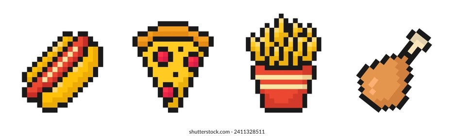 fast food icons collection, pixel art set, 8 bit, old arcade game style, hot dog, slice of pizza, french fries, chicken leg, vector illustration