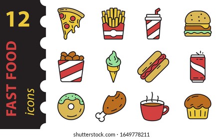 Fast food icons in the color. Street food linear symbols. Simple vector illustration in flat style.