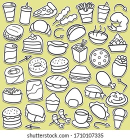 Fast Food icons doodle set. Cooking, objects sticker illustration. Line art menu restaurant hand drawn.