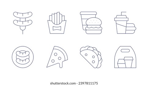 Iconos de comida rápida. Trazo editable. Con salchichas, salchichas, patatas fritas, pizzas, comida chatarra, taco, paquete, comida.