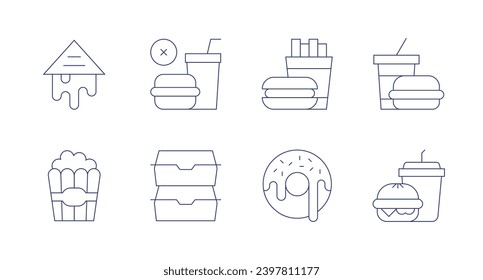 Fast food icons. Editable stroke. Containing sandwich, popcorn, no junk food, food package, fast food, donut.